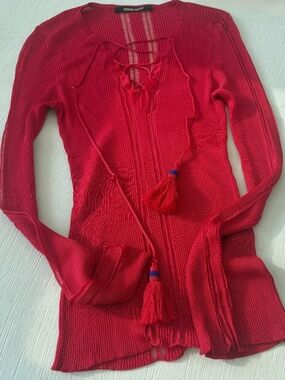 Roberto Cavalli 2013 Red Sheer Lace Up Tassel Top IT 42
